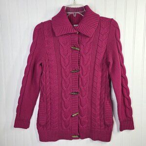 LL Bean Sweater Jacket Womens Small Petite Pink Cable Knit Toggle Fisherman